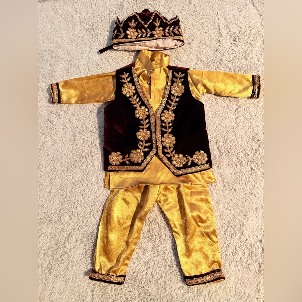 Traditional Gold and Brown boys Costume Set with Embroidered Vest and Cap